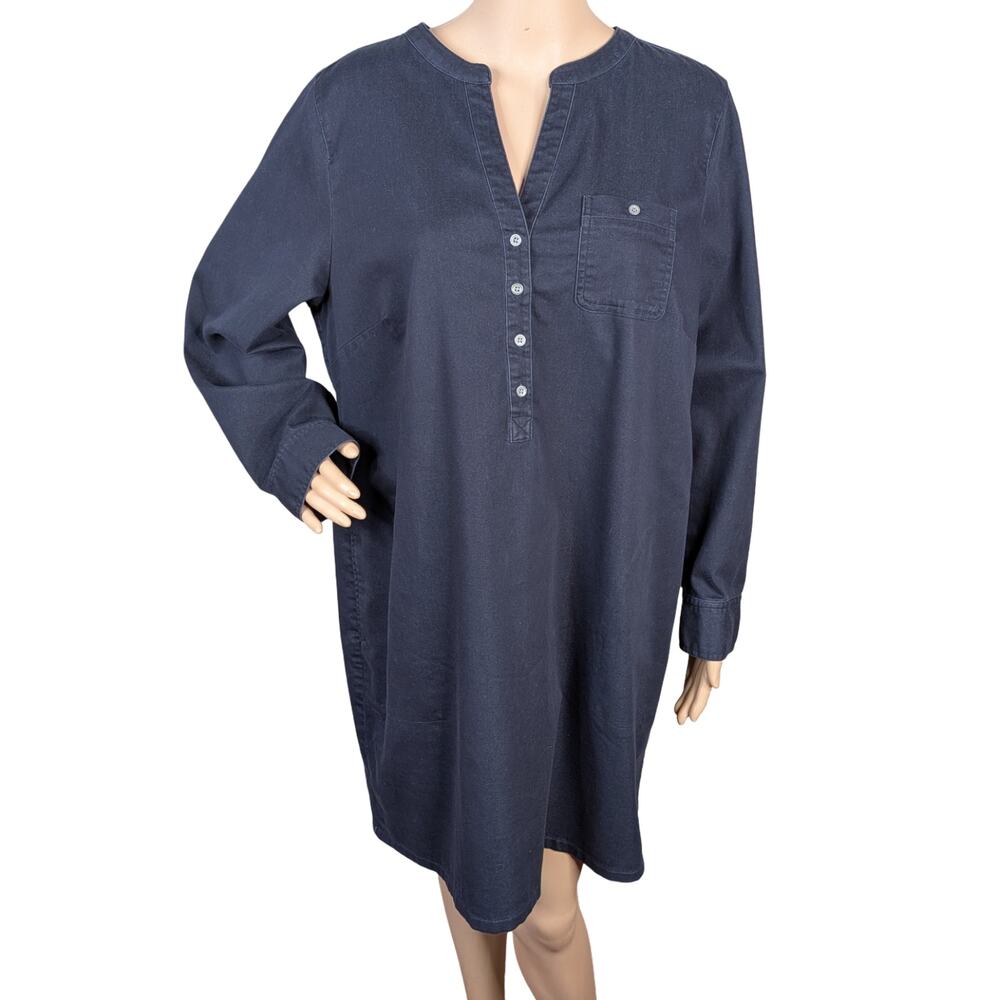 J. Jill Dark Wash Denim Henley Shirt Dress Stretch Navy Shift with Pockets Sz XL